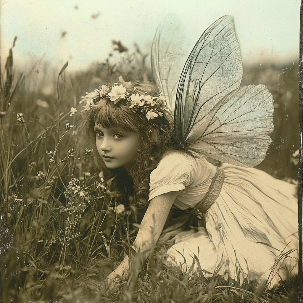 A sepia-toned photograph depicts a young girl, seemingly a fairy, crouched in a field of wildflowers.  She wears a white dress, a floral crown, and large, delicate butterfly wings.  The image has a vintage feel, possibly mimicking an antique postcard or print, with a slightly faded and textured effect. The girl's expression is serious and captivating, adding to the ethereal quality of the scene.