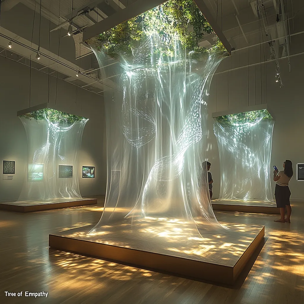 An art installation titled "Tree of Empathy" features three translucent fabric structures draped over square platforms.  Each structure is illuminated from above, creating a luminous, ethereal effect. Projected images of foliage on the ceilings appear to grow within the fabric, mimicking trees.  Visitors stand observing the piece, highlighting its scale and the interplay of light and texture within a gallery setting.