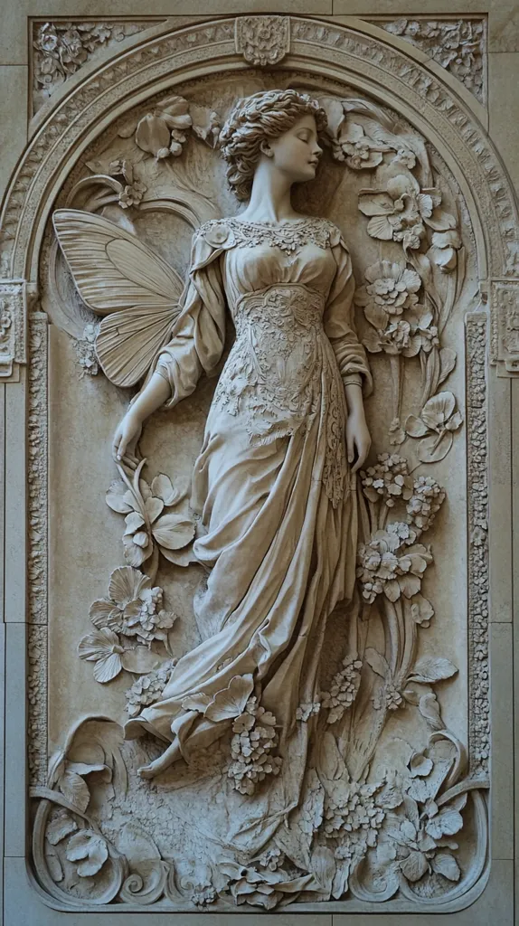 An ornate, high-relief stone carving depicts a graceful woman with butterfly wings.  She is dressed in flowing robes adorned with intricate detailing, standing amidst a profusion of sculpted flowers and foliage. The scene is framed by an arched border with decorative elements, creating a visually stunning and artistic piece.  The style suggests Art Nouveau influences.