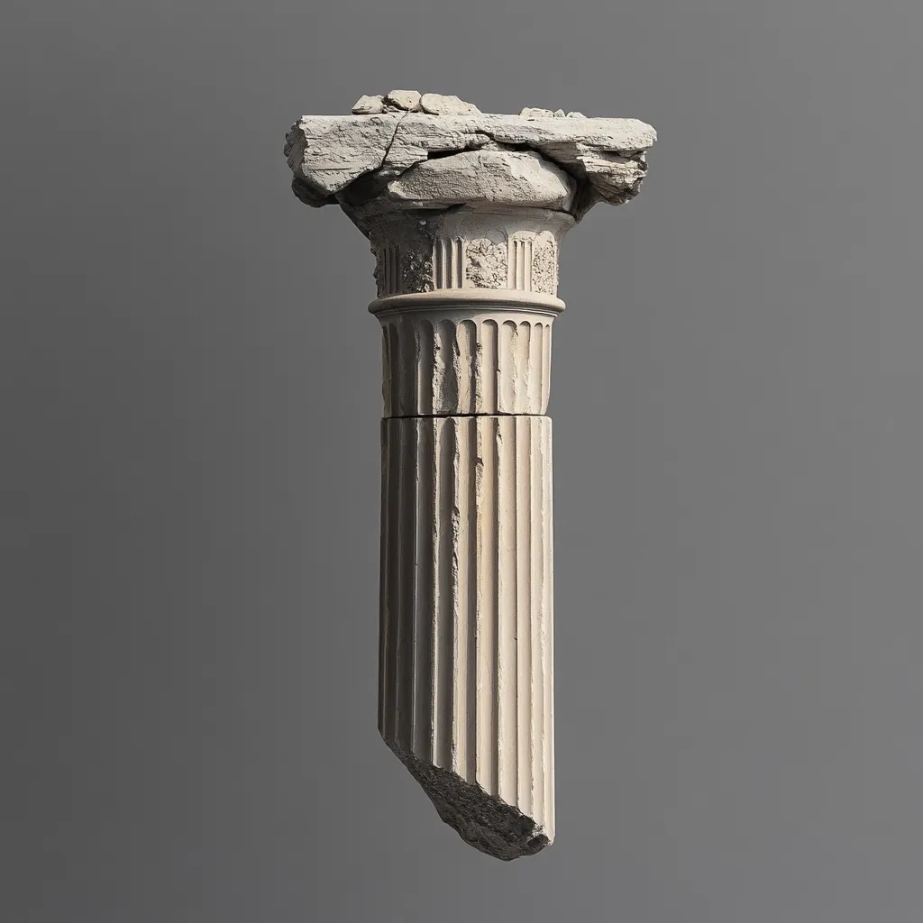 A fragmented ancient Greek column stands against a muted gray background.  The column's capital is severely damaged, with large chunks broken away, revealing a rough, uneven surface.  The shaft below, though also showing wear and a broken base, retains much of its original fluted detailing, hinting at its former grandeur. The image showcases the passage of time and the fragility of even the most enduring structures.