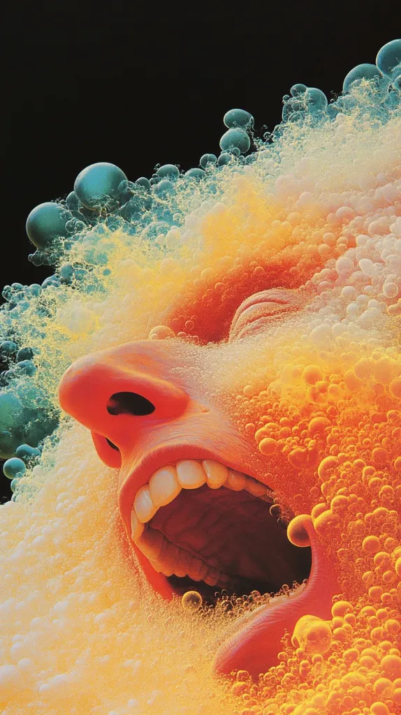 A surreal close-up depicts a screaming face engulfed in vibrant, bubbly foam.  The foam transitions from teal to a warm, orange hue, contrasting against the intense red of the open mouth and visible teeth.  The image evokes a feeling of powerful emotion and overwhelming sensory experience.  The dark background emphasizes the luminous quality of the foam and the face's expression.