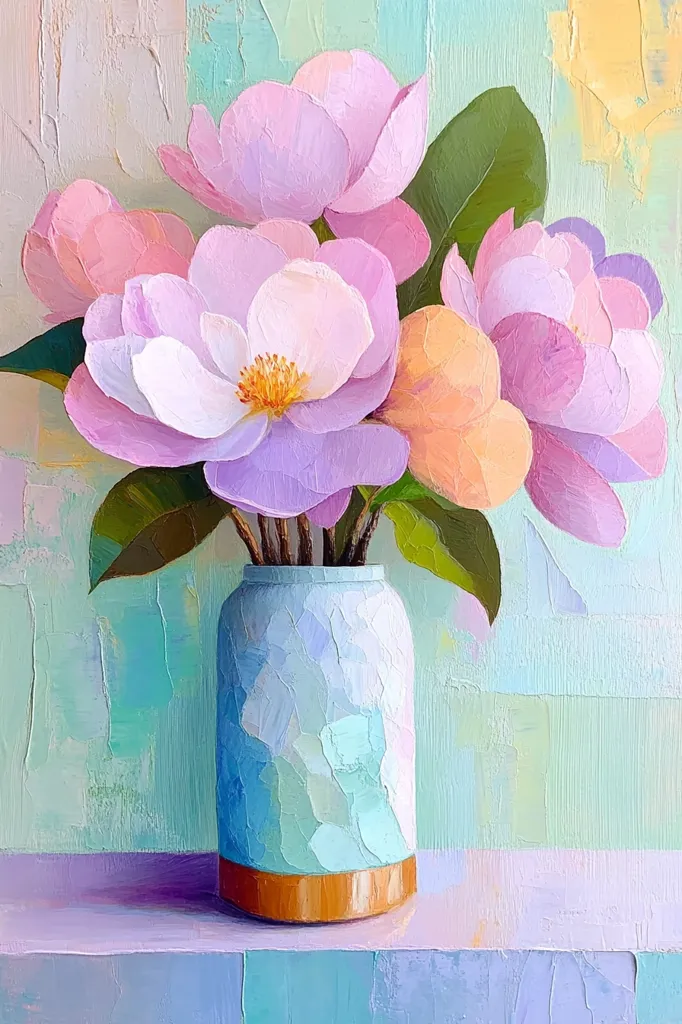 A vibrant painting showcases a bouquet of pastel-colored flowers, predominantly pink and purple, in a light blue vase with a copper-colored base. The flowers, possibly magnolias, are rendered with thick, textured brushstrokes, creating a sense of depth and luminosity. The background features a textured, pale green and peach-toned wall, complementing the soft hues of the floral arrangement. The overall style is impasto, highlighting the artist's expressive technique.