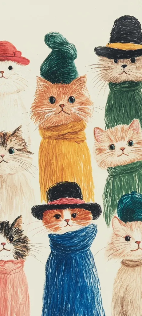 A charming illustration features a collection of cats, each adorned with unique attire.  The cats wear various hats, beanies, and scarves in a range of colors.  Their expressions are sweet and gentle. The style is reminiscent of children's book illustrations, with a soft, textured appearance created through crayon-like strokes.  The overall tone is warm and inviting.