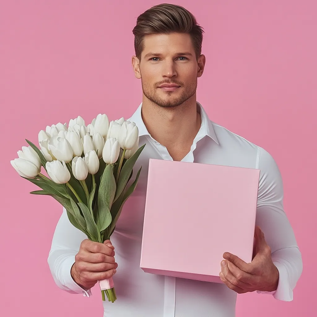 A handsome man with short, styled brown hair stands against a pink background. He's dressed in a crisp white shirt and holds a bouquet of white tulips in one hand and a light pink gift box in the other.  His expression is serious and direct, suggesting a thoughtful or romantic gesture. The overall image conveys a sense of elegance and anticipation.