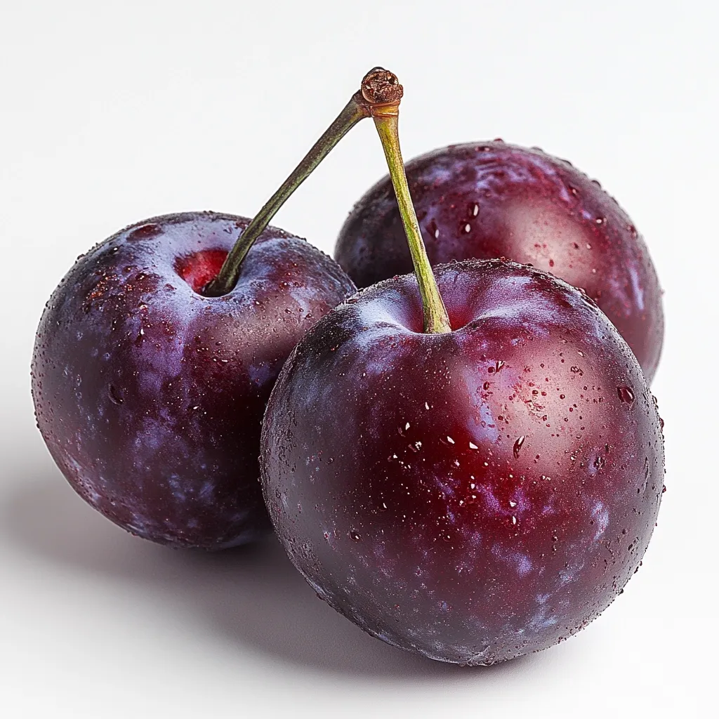Three ripe plums, dark red-purple with a bluish bloom, rest on a white background.  Water droplets cling to their smooth skins.  The plums are clustered together, with one slightly behind the other two, suggesting freshness and juiciness.  The stems are visible, adding to the natural and vibrant appearance of the fruit.