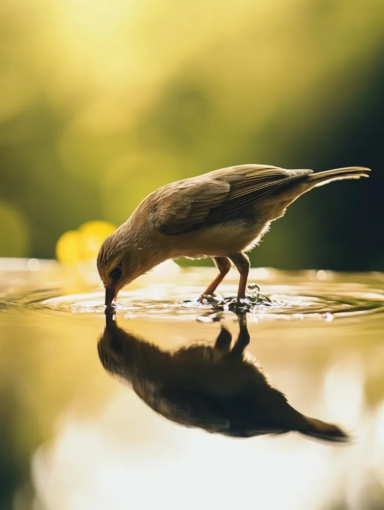 A small, brown bird drinks from a calm body of water.  The bird's reflection is clearly visible in the still surface.  The background is softly blurred, showcasing warm, golden hues of nature.  The scene is peaceful and serene, capturing a moment of quiet wildlife.