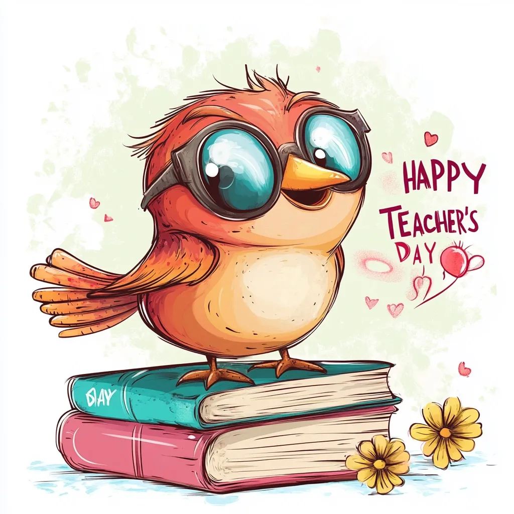 A cute cartoon bird wearing oversized glasses sits atop a stack of books.  The image is a Happy Teacher's Day greeting card, with the text clearly visible.  The bird is orange and brown, with bright blue glasses, and is surrounded by small hearts and flowers. The style is whimsical and charming.
