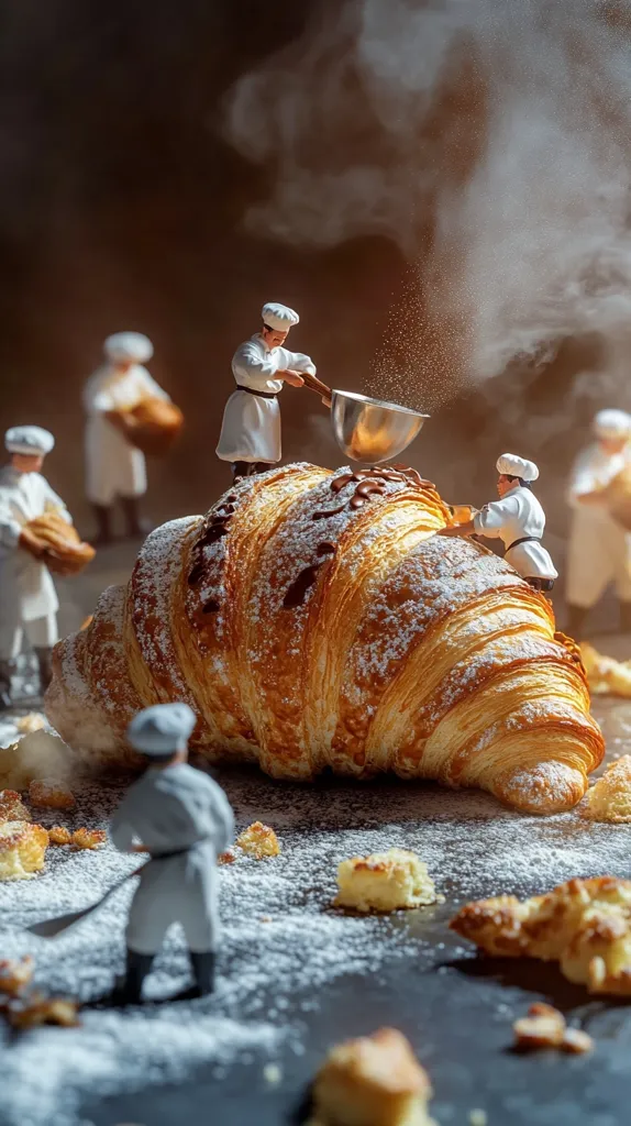Miniature bakers in chef hats meticulously dust a giant croissant with powdered sugar.  Steam rises from the pastry, creating a whimsical, almost magical scene.  Surrounding the enormous croissant are smaller pieces, scattered across a dark surface, dusted with flour. The image has a dreamy, artistic quality, suggesting a fantastical bakery.