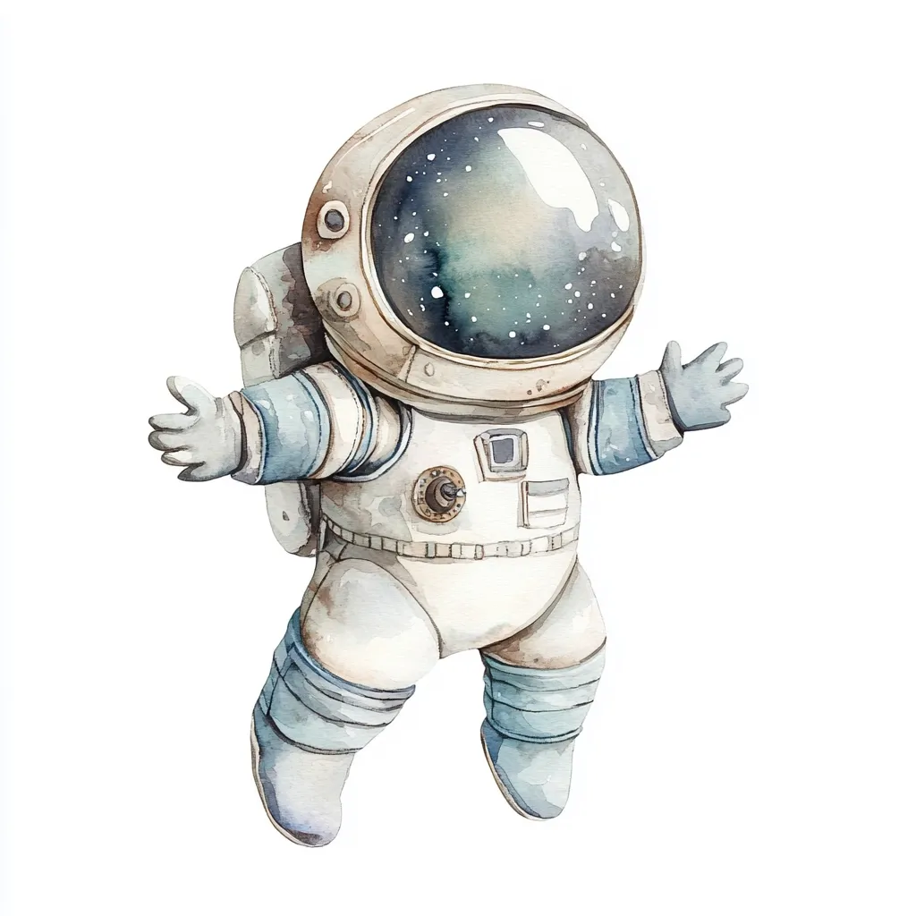 A watercolor painting depicts a charming astronaut floating in space.  The astronaut's helmet reflects a starry nebula, and their arms are outstretched in a welcoming gesture. The suit is rendered in soft, muted tones of white, beige, and light blue, giving a whimsical, childlike quality to the artwork. The overall style is gentle and evokes a sense of wonder and exploration.