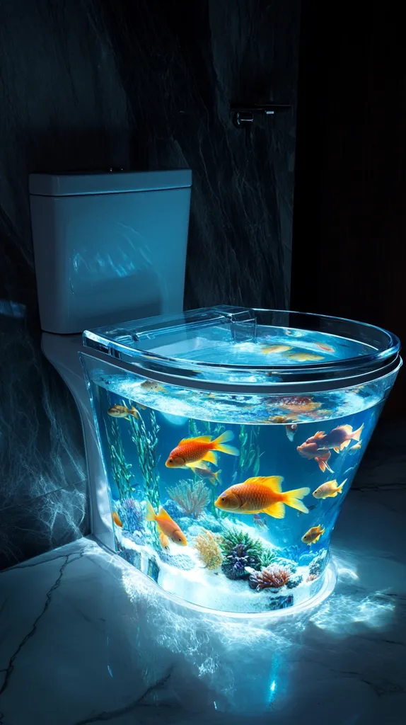 A modern toilet design features a built-in aquarium in its bowl.  Several vibrant orange goldfish swim amidst artificial coral and plants within the clear, illuminated tank.  The toilet's sleek, white cistern contrasts with the dark marble background, creating a luxurious and unusual bathroom aesthetic.  The underwater scene is subtly lit, enhancing the overall calming effect.