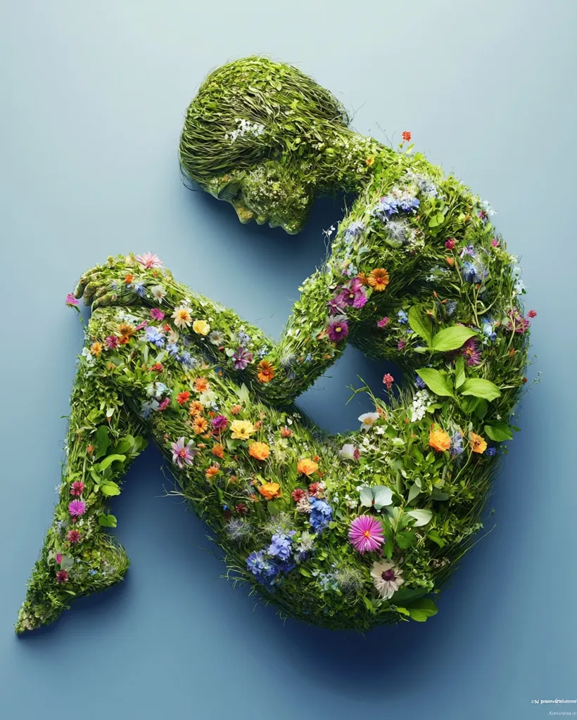 A captivating image depicts a human-like figure sculpted entirely from vibrant wildflowers and lush green grass.  The figure is seated, head bowed in a contemplative pose, against a serene light blue backdrop. The intricate detail showcases a variety of blossoms and foliage, creating a stunning visual representation of nature's beauty and the interconnectedness of life.  The overall effect is both artistic and deeply symbolic.