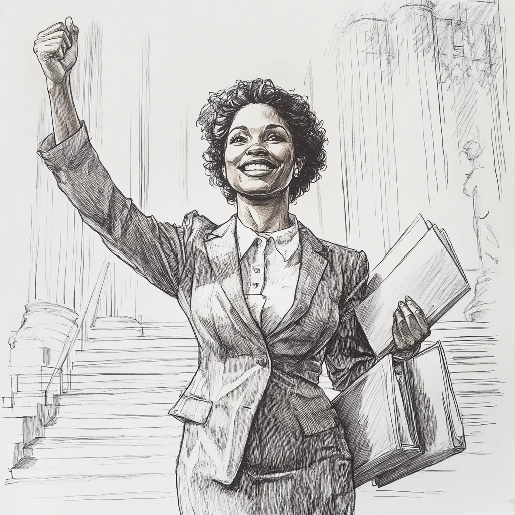 A black and white ink drawing depicts a triumphant Black woman in a business suit.  Her arm is raised in a fist, a gesture of victory or empowerment. She carries files, suggesting professional success.  The background hints at a courthouse or government building, implying a legal or political context.  Her confident expression radiates strength and determination. The detailed hatching and cross-hatching create a sense of depth and texture.