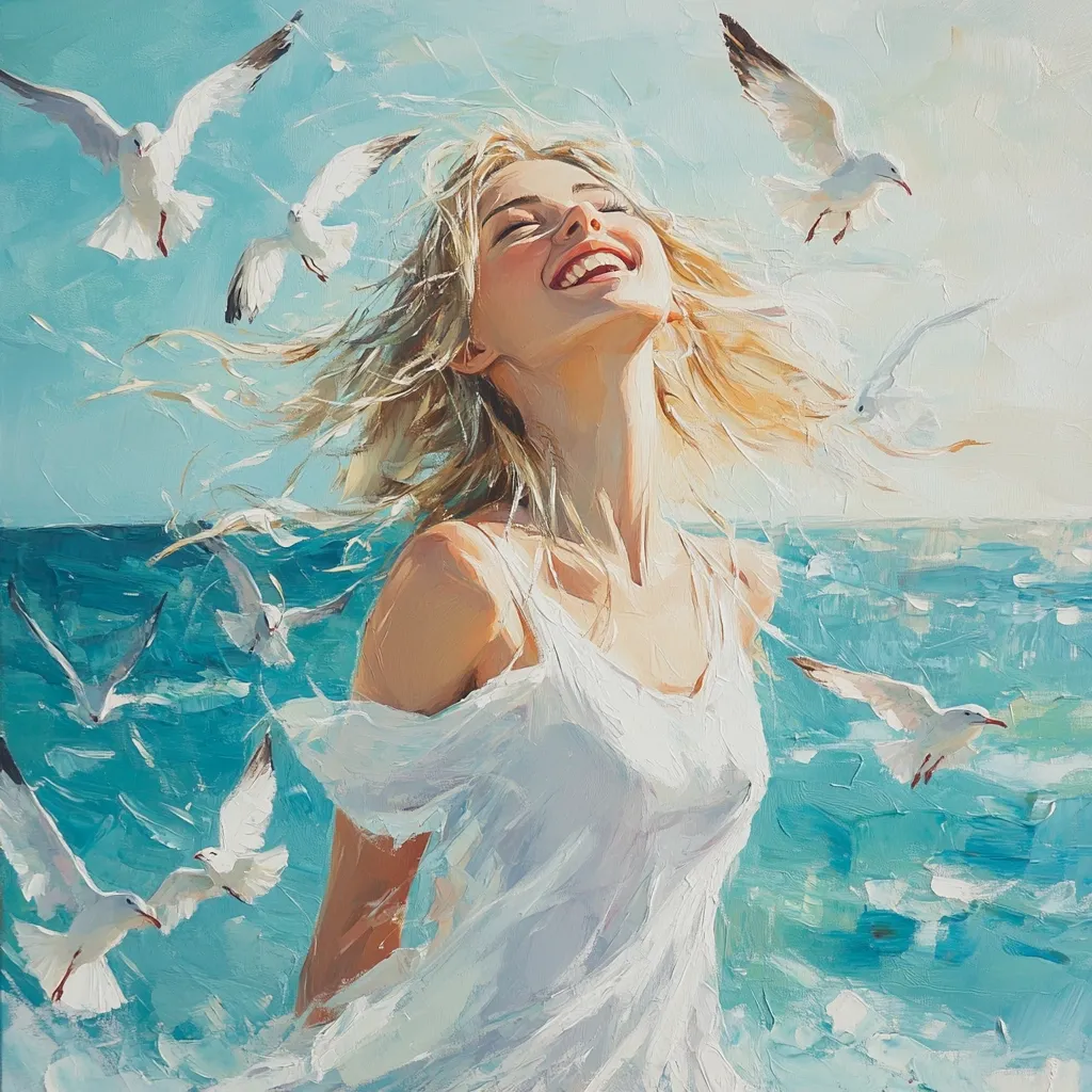 A vibrant oil painting depicts a joyous blonde woman in a flowing white dress, her hair windswept amidst a flock of seagulls.  The turquoise ocean waves crash behind her, suggesting a feeling of freedom and exhilaration. The woman's radiant smile and the dynamic movement of the birds and water create a lively, impressionistic scene filled with light and energy.