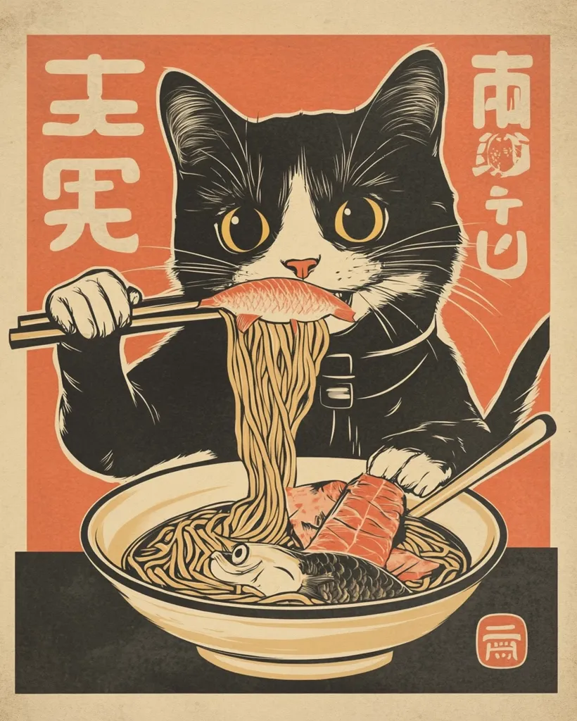 A tuxedo cat, in a vintage Japanese poster style, delicately uses chopsticks to add a fish to a bowl of steaming ramen noodles.  The cat's expression is one of focused enjoyment.  Japanese characters flank the image, adding to the aesthetic. The overall style is reminiscent of classic Japanese woodblock prints, with bold lines and warm color tones.