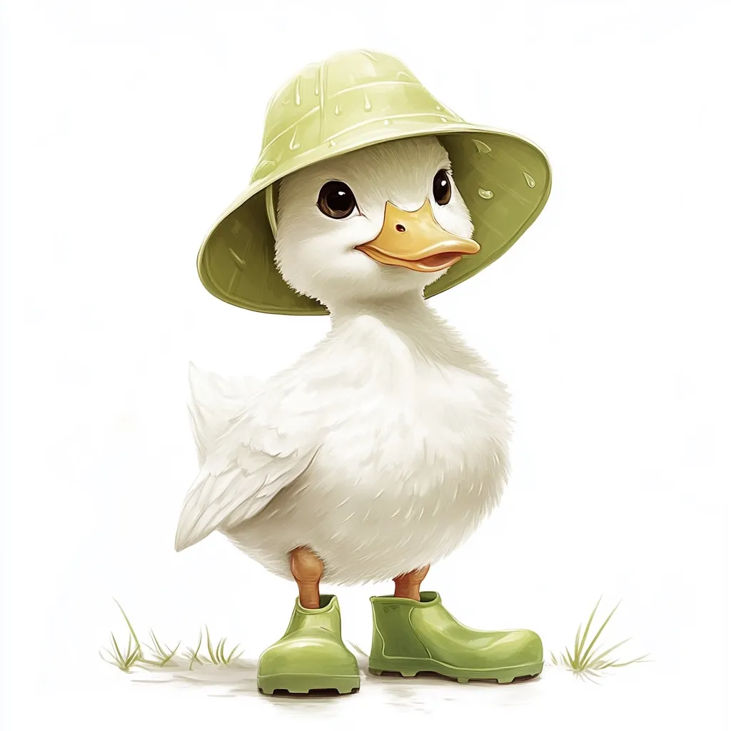 A charming illustration of a fluffy white duckling.  It's adorably dressed in a light green rain hat and matching rubber boots. The duckling's large eyes and small beak give it an endearing appearance.  It stands on a patch of short grass, against a clean white background. The image is digitally painted with soft, realistic textures.