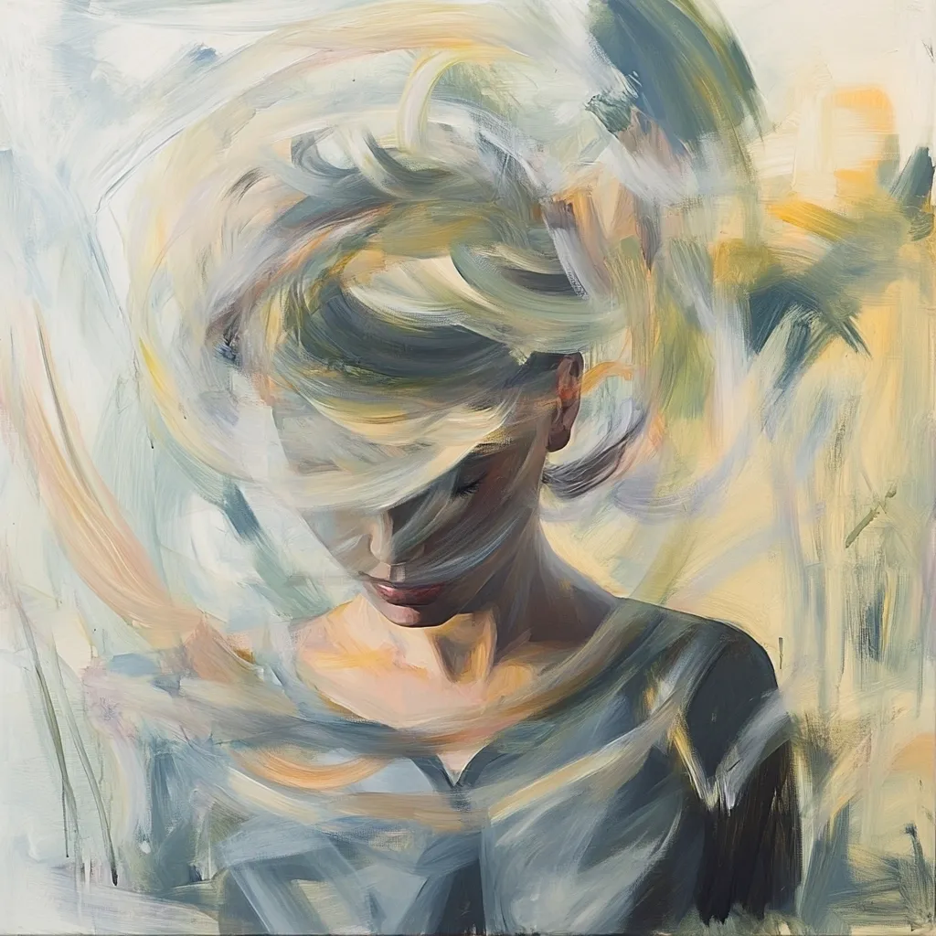 An abstract portrait painting depicts a woman with her head bowed, her blonde hair swirling around her face like a hazy veil.  The style is impressionistic, utilizing loose brushstrokes and a blend of muted blues, yellows, and whites to create a sense of movement and mystery. The woman's features are partially obscured, leaving her expression and identity ambiguous, adding to the artwork's evocative quality.