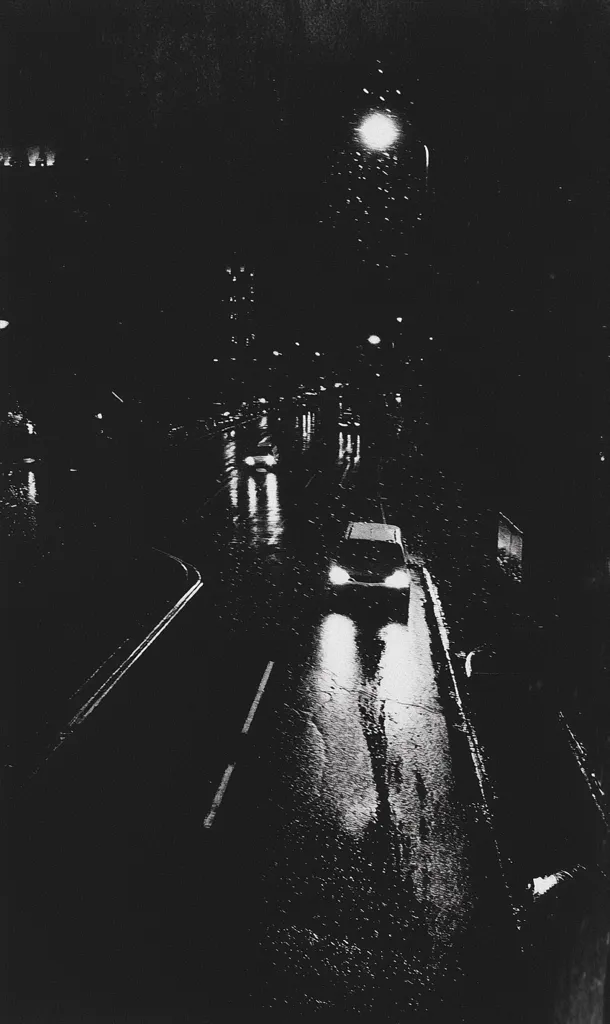 A black and white photograph depicts a rain-slicked city street at night.  Vehicle headlights cut through the darkness, their reflections shimmering on the wet asphalt. Streetlights cast a hazy glow, and raindrops appear as tiny white specks. The overall mood is somber and atmospheric, emphasizing the solitude of the nighttime scene.  The image is high contrast, with deep blacks and bright highlights.