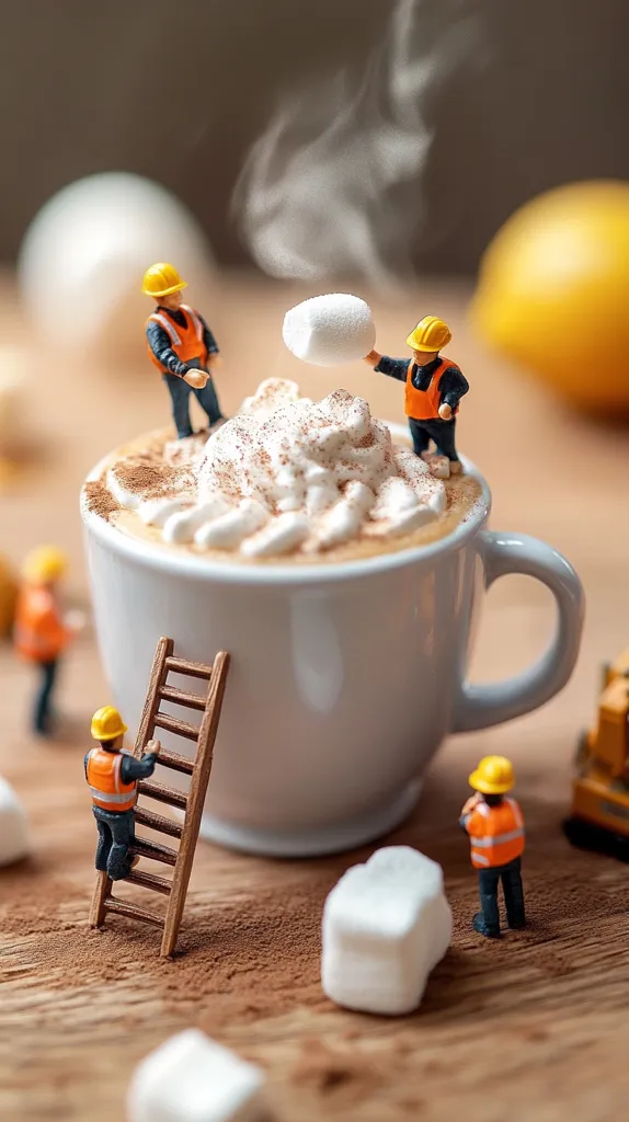 Miniature construction workers decorate a large cup of hot cocoa.  They add marshmallows and whipped cream to the steaming beverage.  A small wooden ladder and additional marshmallows are scattered around the cup on a wooden surface.  The scene is whimsical and playful, highlighting the contrast between the tiny figures and the large drink. A blurred lemon is visible in the background.
