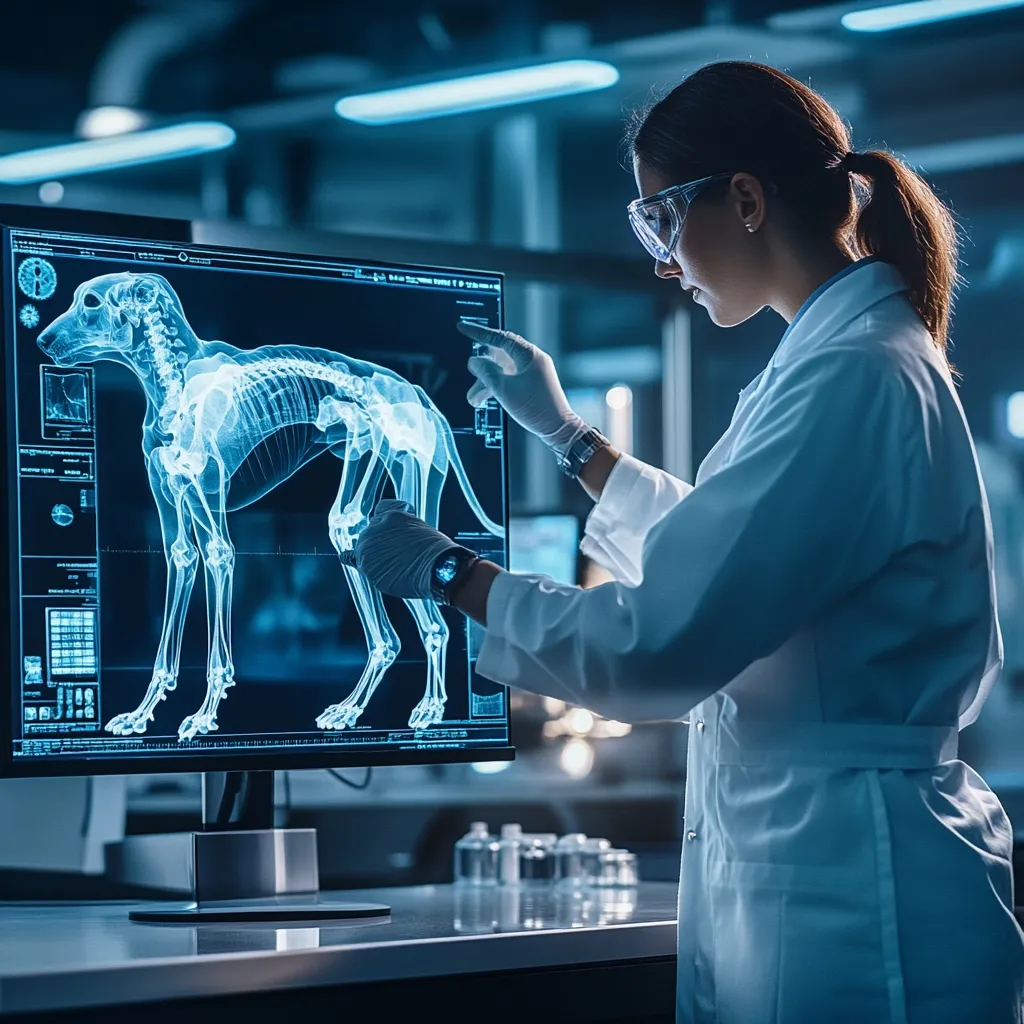 A female veterinarian in a lab coat and safety glasses examines a dog's X-ray displayed on a large computer monitor.  The vibrant blue-toned image shows the dog's skeletal structure in detail.  The vet uses her gloved hands to interact with the digital X-ray, likely analyzing a specific area of concern.  The setting appears modern and technologically advanced.