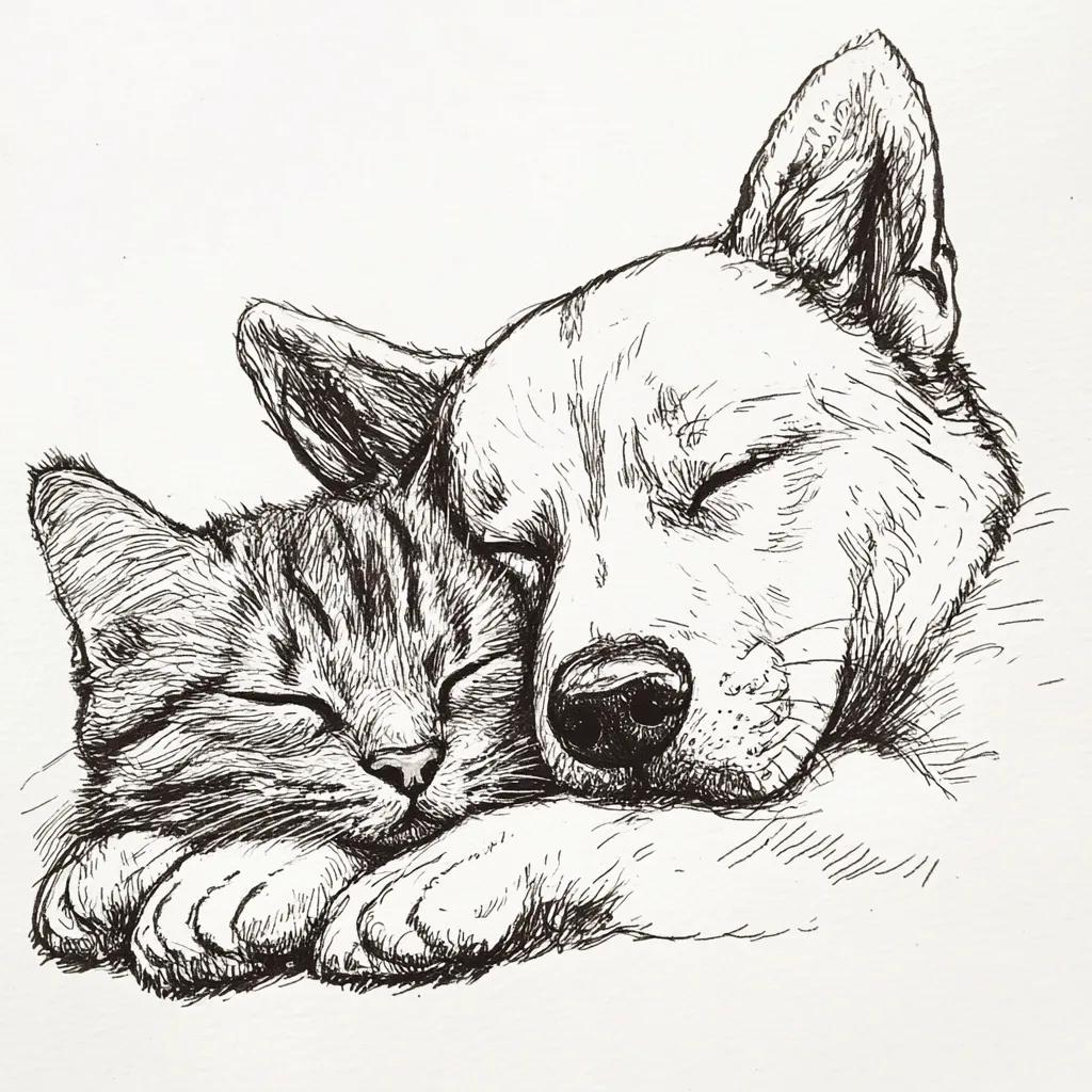 A pen-and-ink drawing depicts a heartwarming scene of a dog and cat nestled together in peaceful slumber.  The cat, a tabby with closed eyes, rests its head against the dog, a breed resembling a husky with its eyes also closed.  The detailed hatching creates a sense of softness and warmth in their furry bodies, highlighting the gentle bond between the two animals. The style is realistic with a focus on texture and form.