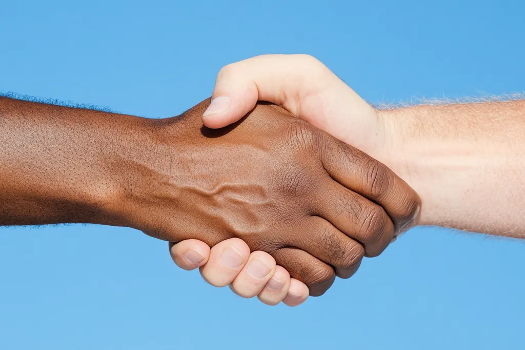 Two hands of different skin tones clasp together in a handshake against a vibrant blue sky.  The image symbolizes unity, equality, and the connection between people of diverse backgrounds.  The contrast in skin tones is striking, highlighting the shared human experience despite differences. The handshake conveys a sense of trust, respect, and agreement.