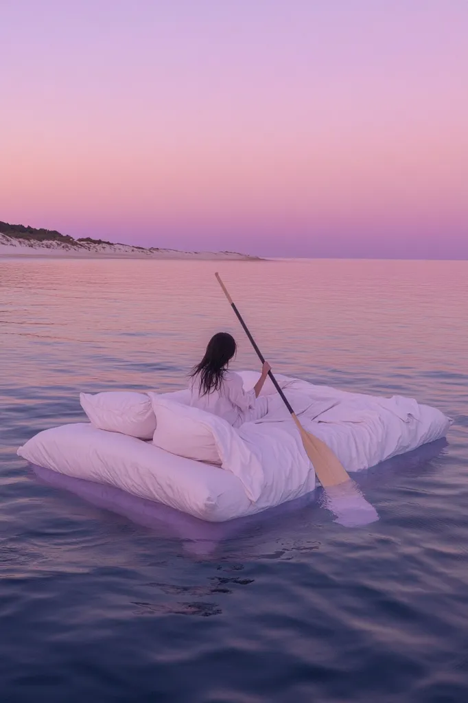 A woman sits on a large bed floating on calm water at sunset.  The bed, made of white linens and pillows, acts as a raft. She uses a long paddle to propel herself across the tranquil sea towards a distant shoreline under a pastel purple sky.  The scene is serene and dreamlike.