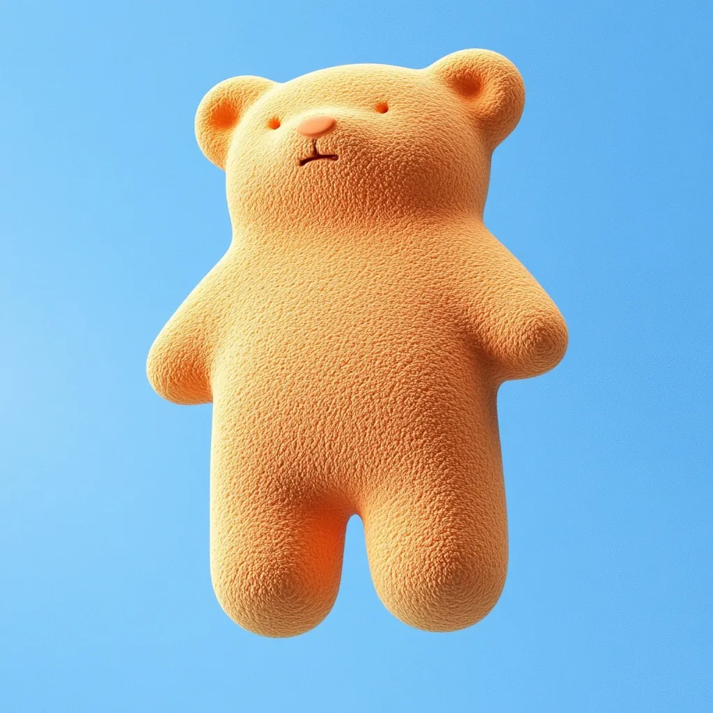 A fluffy, light orange teddy bear floats against a bright blue background.  Its simplistic design features a rounded body and small, subtly defined facial features. The texture appears soft and plush, giving it a cuddly appearance.  The bear is presented in a minimalist style, emphasizing its shape and color.