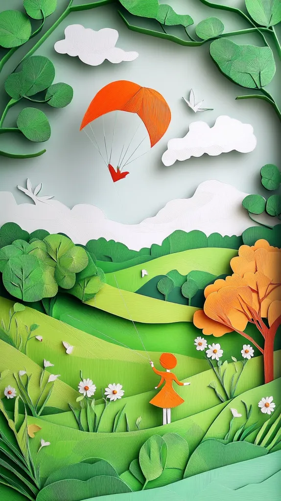 A vibrant paper-cut artwork depicts a whimsical landscape.  A girl in an orange dress holds a string attached to an orange paraglider soaring through a stylized sky filled with fluffy clouds. Lush green hills, dotted with daisies and leafy trees in varying shades of green and orange, create a serene and idyllic scene.  The intricate detail and layered textures showcase the artist's skillful craftsmanship.