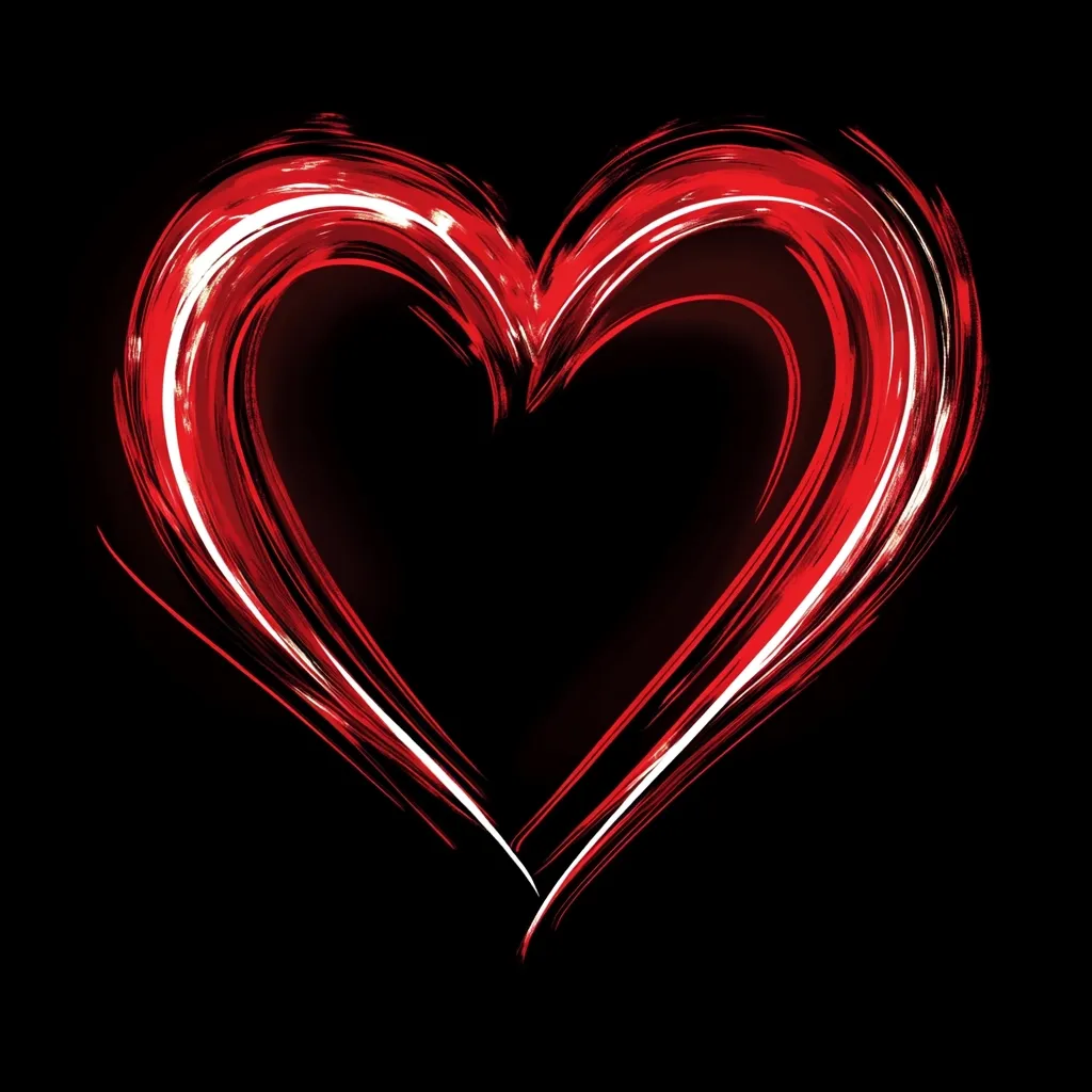 A stylized heart is depicted against a black background. The heart is formed by dynamic, swirling red and white brushstrokes, creating a sense of movement and energy.  The strokes are thick and expressive, giving the heart a vibrant, almost fiery appearance. The contrast between the bright heart and dark background makes it visually striking.