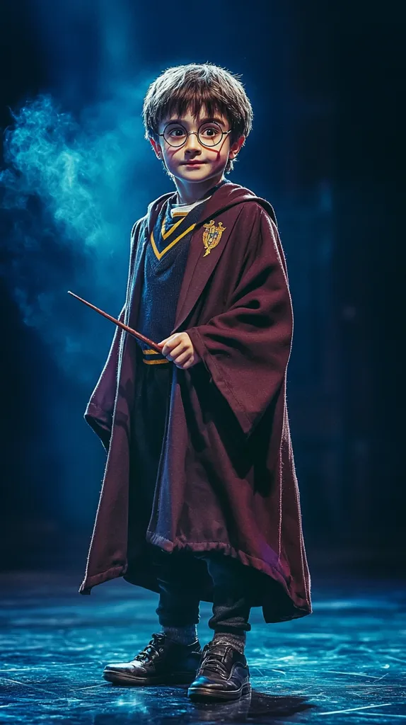 A young boy, dressed as Harry Potter, stands on a dark stage.  He wears round glasses, a dark robe with Gryffindor crest, and holds a wand.  A smoky, blue atmosphere surrounds him, creating a dramatic effect.  His expression is serious, adding to the magical ambiance of the image.  The costume is meticulously detailed, enhancing the overall impression of a young wizard.