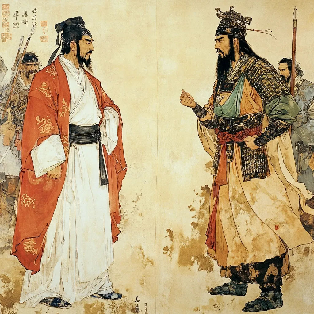 A painting depicts two prominent figures, possibly historical leaders, engaged in a serious conversation. One, in flowing white robes with an orange overgarment, stands calmly. The other, adorned in ornate armor and a crown, gestures intently.  Soldiers and attendants form a background, suggesting a scene of political tension or negotiation.  The artistic style blends traditional Chinese painting techniques with a sense of narrative depth. The use of muted colors and brushstrokes evokes a feeling of gravity.
