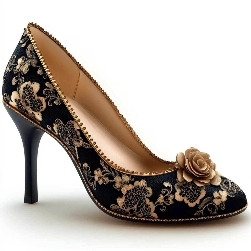 An elegant black high-heeled pump is adorned with a gold floral lace pattern.  A delicate gold rose embellishes the toe. The shoe features a slender heel and a subtle gold beaded trim along the edge. The inner sole is a light beige. The overall design evokes a vintage or romantic aesthetic.