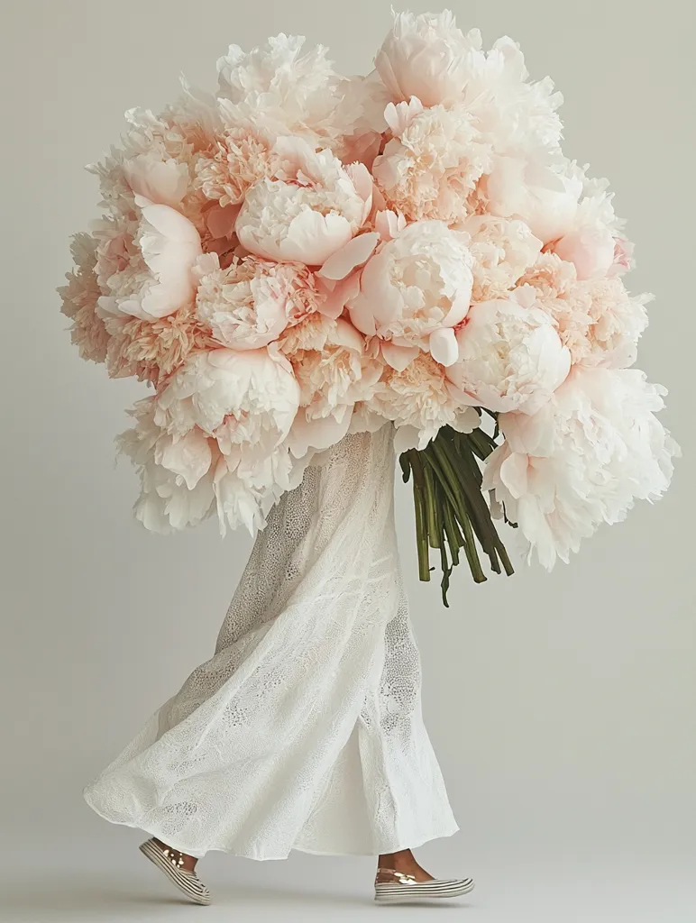 A person in a white lace dress carries a massive bouquet of pale pink peonies.  The flowers are enormous, filling the frame, their soft petals creating a cloud-like effect. The dress flows gracefully around the person's legs as they walk, the contrast between the delicate fabric and the abundant blossoms creating a stunning visual.  The overall aesthetic is romantic and ethereal.