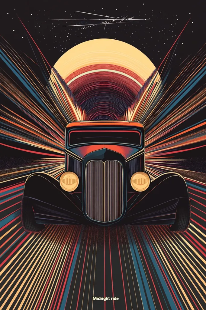 A stylized illustration depicts a classic hot rod speeding through a vibrant, multicolored tunnel.  The car is centrally positioned, its headlights glowing, against a backdrop of radiating lines suggesting motion and speed.  A large, concentric circle resembling a planet or star is visible at the tunnel's end, adding to the surreal and dynamic composition. The title "Midnight Ride" is subtly placed at the bottom.