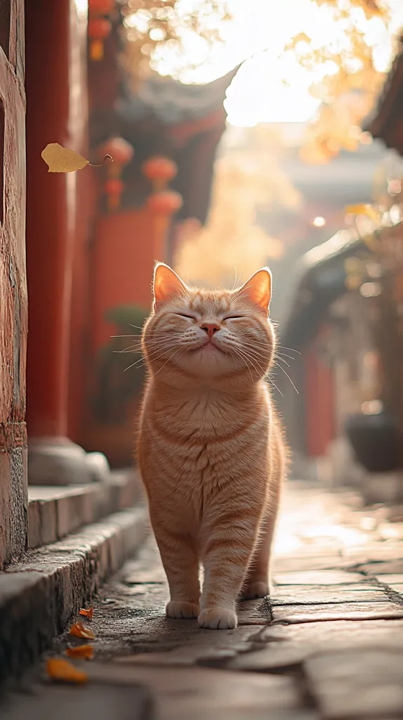 A ginger cat with a serene expression walks down a stone path in a sun-dappled alleyway.  The background is softly blurred, showing traditional Asian architecture and autumnal colors.  Fallen leaves scatter the ground, adding to the peaceful atmosphere. The cat's contented demeanor creates a heartwarming and tranquil scene.