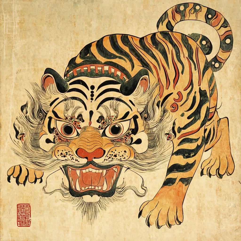 A stylized tiger, rendered in vibrant oranges, blacks, and whites, dominates the antique-toned parchment.  Its fierce expression, bared fangs, and exaggerated features suggest a powerful, almost mythical creature.  Intricate details adorn its fur and face, while the curled tail completes the dynamic composition.  A red seal is subtly placed in the bottom left corner.  The artwork displays a blend of traditional Asian artistic styles, possibly Korean or Japanese.