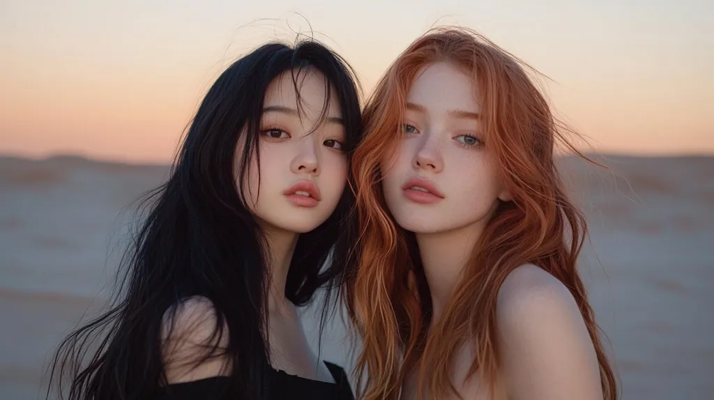 Two young women stand close together against a muted sunset backdrop.  One has long, flowing black hair and fair skin, while the other boasts long, wavy auburn hair and a similarly pale complexion.  Their expressions are serene, and they appear to share a close bond. The overall aesthetic is soft and ethereal.