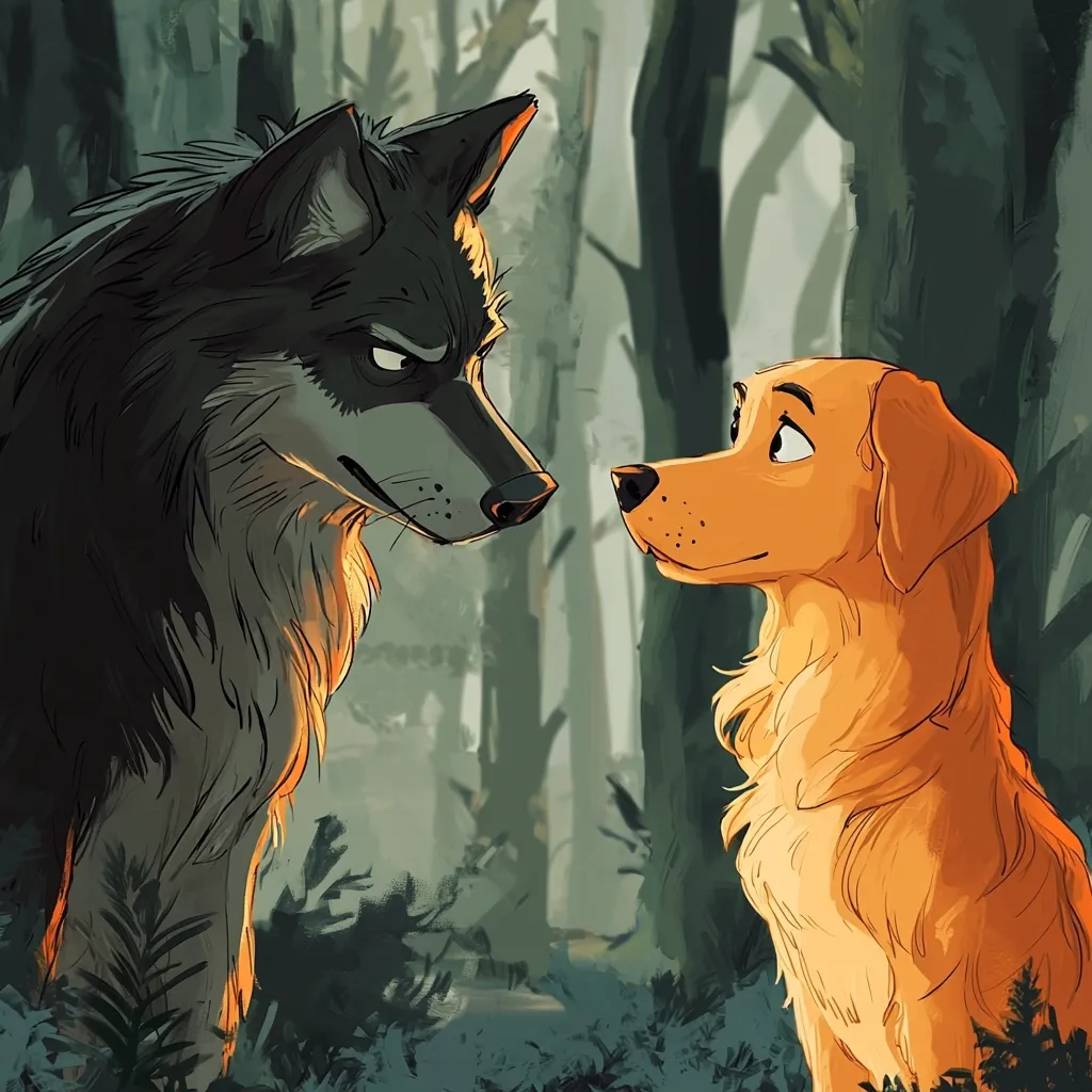 A dark-grey wolf and a golden retriever stand facing each other in a dimly lit forest.  The wolf appears serious and somewhat wary, while the retriever looks curious and friendly. Lush green undergrowth surrounds them, adding to the mysterious atmosphere of the woodland setting. The contrasting colors and expressions of the animals create a captivating scene.