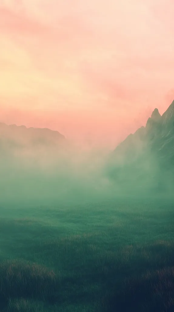 A misty landscape unfolds under a soft, peach-colored sky.  Rolling hills are shrouded in a light fog, creating a serene and ethereal atmosphere.  The foreground shows a field of long grass, subtly textured by the light.  The overall mood is calm and peaceful, suggesting a tranquil, possibly early morning or evening scene.