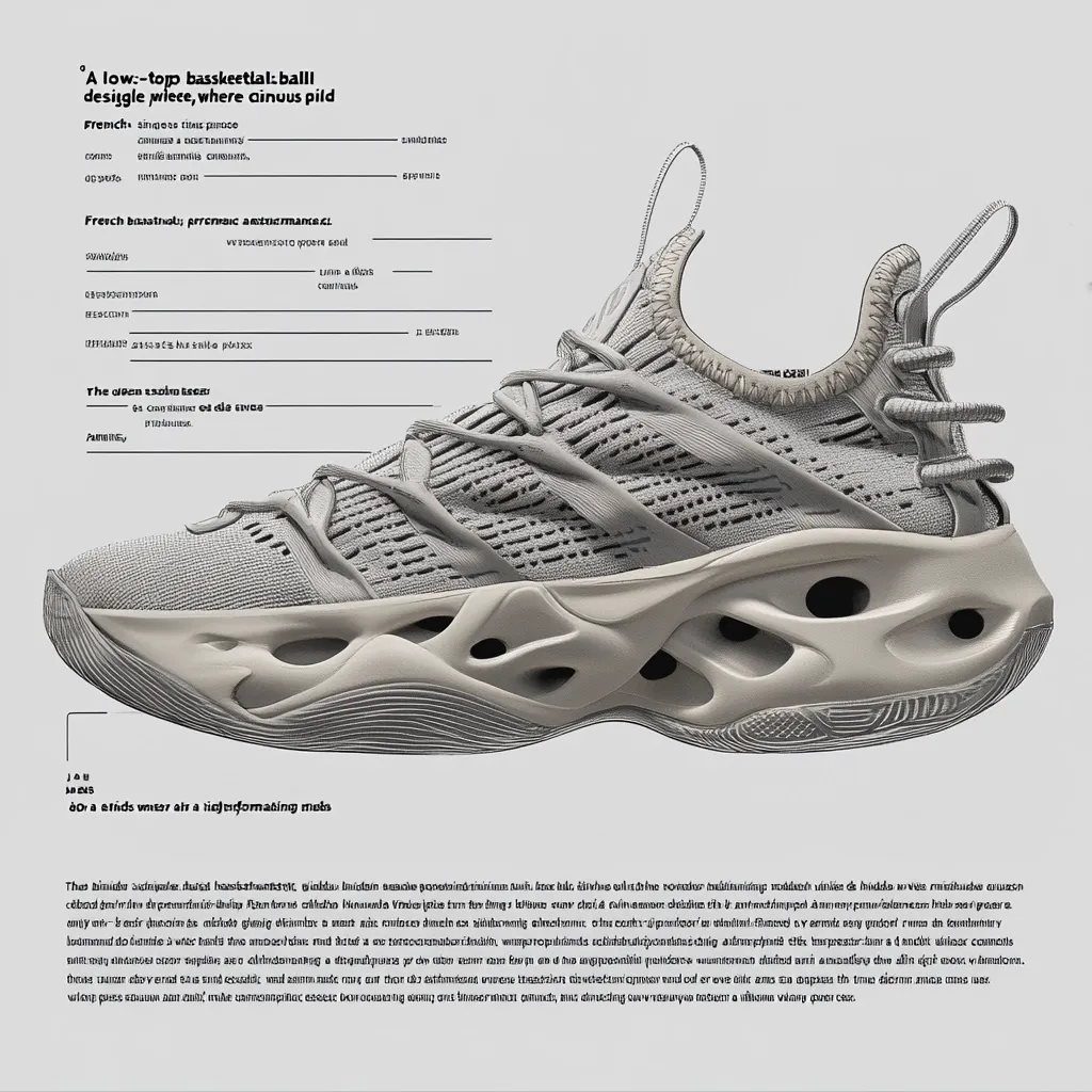 A low-top basketball shoe design is shown, featuring a light grey knit upper with cut-out detailing on the sole.  The shoe has a unique lacing system and appears lightweight and breathable.  The image includes text in multiple languages describing the shoe's design and features.  Technical diagrams illustrate construction details.