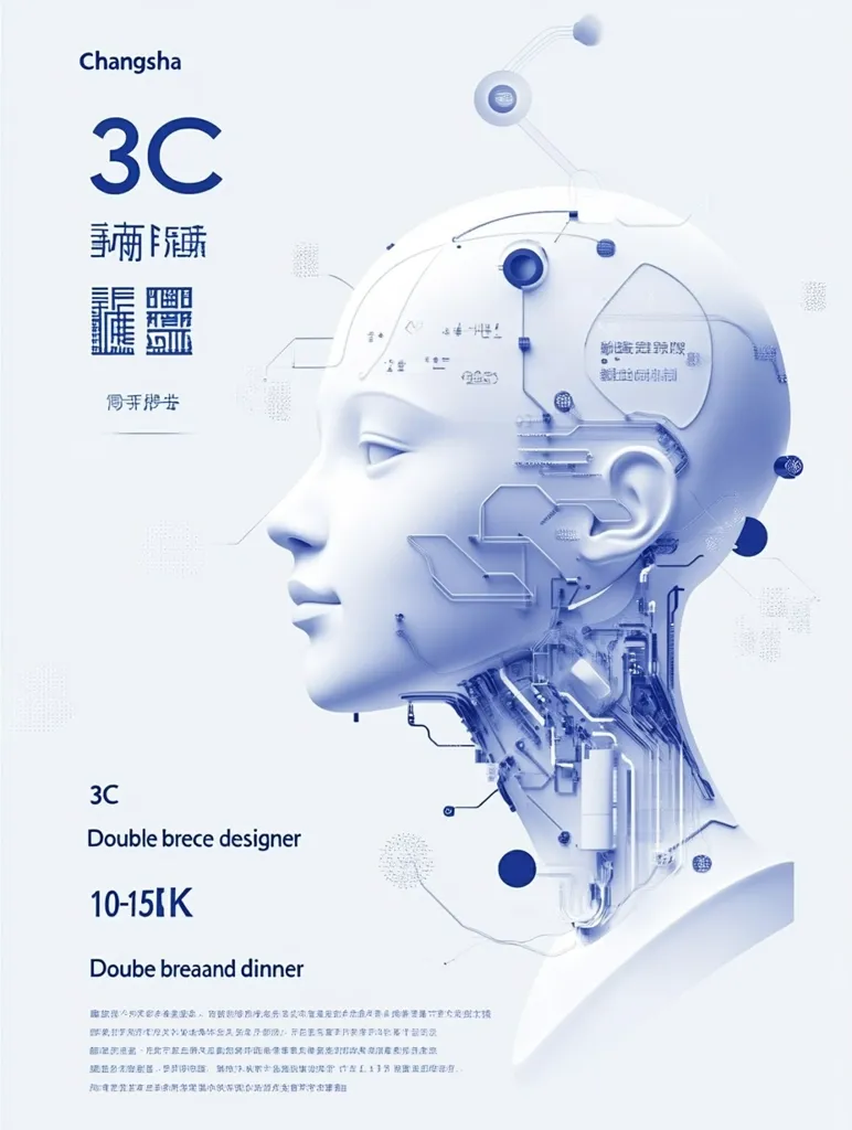 This is a poster advertising 3C, a double brace designer from Changsha.  The design features a stylized robotic head with circuitry overlaid, symbolizing technological innovation. The price range is listed as 10-15K, and the product is described as a "double bread and dinner" offering.  The overall aesthetic is clean, modern, and technologically focused.