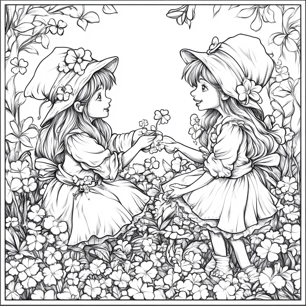 Two charming girls, adorned in wide-brimmed hats and floral dresses, exchange a four-leaf clover in a lush garden filled with blooming flowers.  Their expressions are joyful as they share this lucky find amidst a detailed, whimsical setting.  The intricate linework suggests a coloring book page, inviting artistic expression.  The scene is framed by a decorative border, completing the enchanting image.