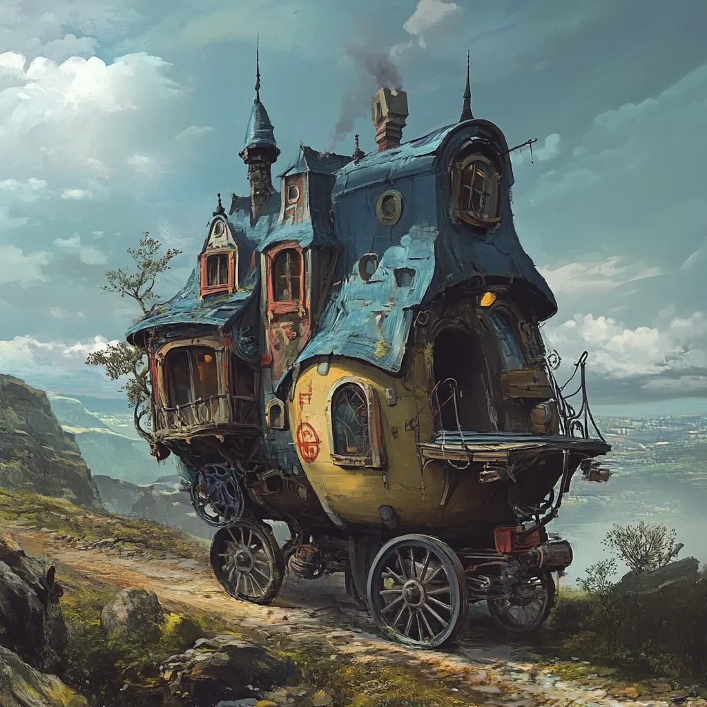 A whimsical, mobile house, resembling a fantastical caravan, travels along a winding mountain road.  Its aged, multi-colored exterior features turrets, balconies, and mismatched architectural styles.  Large wheels suggest a journey across varied terrain. The background showcases a vast landscape of mountains and a distant city, under a cloudy sky.  The overall impression is one of adventure and imaginative engineering.