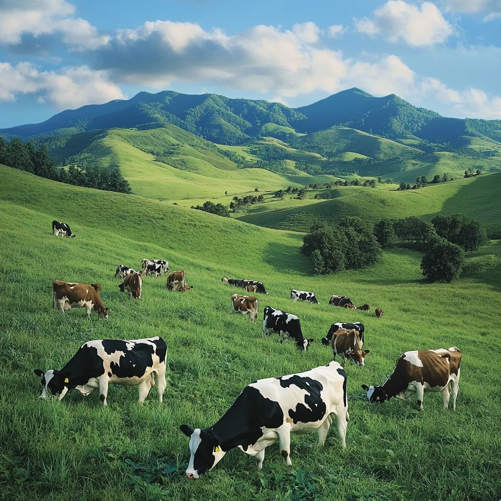 A picturesque herd of black and white cows grazes on a lush green hillside. Rolling green hills and mountains form a stunning backdrop under a partly cloudy sky.  The scene is idyllic, showcasing a peaceful rural landscape.  The cows are scattered across the pasture, enjoying the abundant grass.