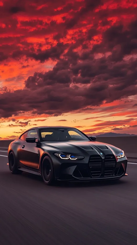 A sleek, black BMW M4 Coupe speeds along a highway at sunset. The car's headlights illuminate the road as it moves forward. The sky is a dramatic mix of fiery orange and dark, brooding clouds, creating a captivating contrast against the vehicle's dark finish.  The overall scene is one of power, speed, and atmospheric beauty.
