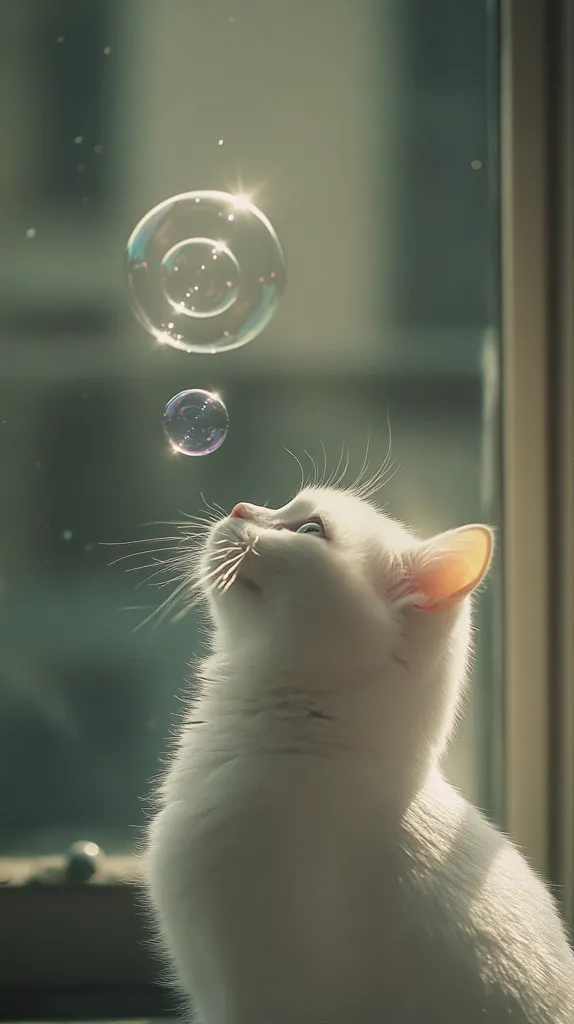 A fluffy white kitten sits by a window, gazing upwards at two soap bubbles floating in the sunlit air.  The larger bubble is iridescent, and a smaller, purple-tinged bubble floats below. The soft light bathes the kitten and the scene in a serene and gentle glow. The overall image evokes a feeling of peace and tranquility.