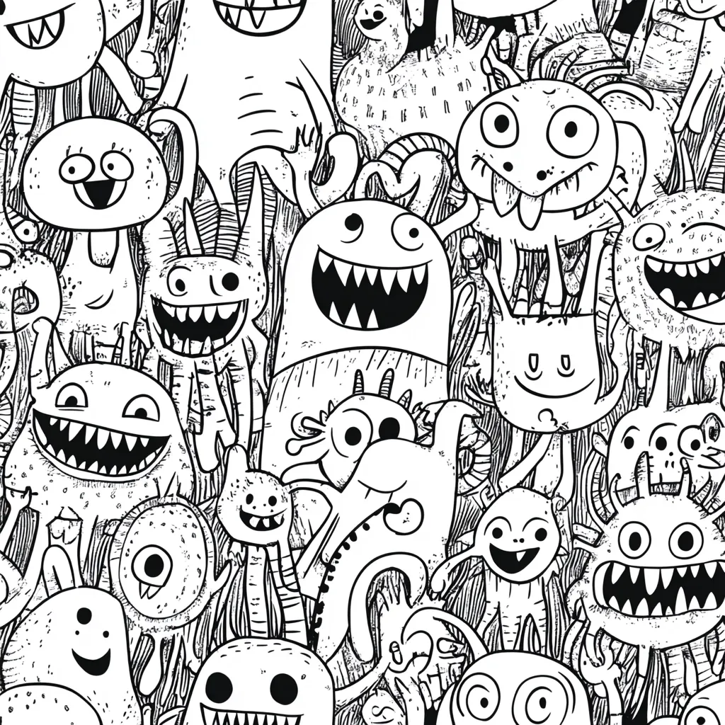 A whimsical black and white illustration teeming with a multitude of friendly monsters.  Each creature boasts unique features, from toothy grins and bulging eyes to spindly limbs and quirky body shapes.  The densely packed design creates a playful, chaotic energy, perfect for coloring or a fun, quirky background. The style is reminiscent of children's drawings, simple yet expressive.