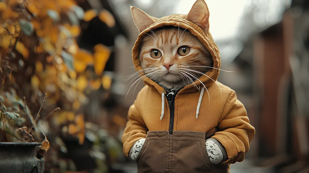 An orange tabby cat is adorably dressed in a mustard-yellow hoodie and brown pants.  The cat's head is nestled within the hoodie's hood, its large, expressive eyes peering out.  The scene is set against a blurred backdrop of autumnal colors, suggesting an outdoor setting. The cat appears relaxed, possibly posing for a picture.