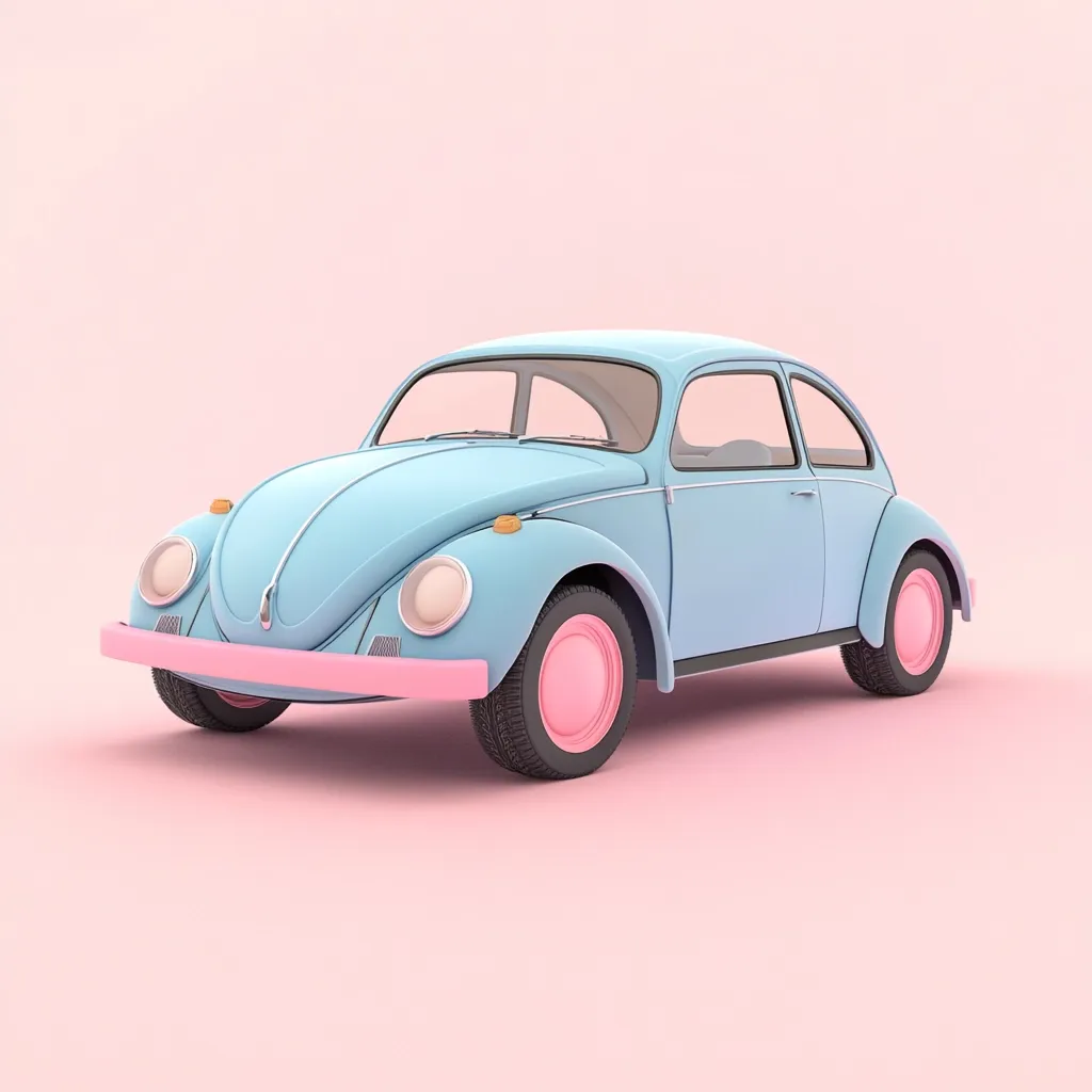 A light blue vintage Volkswagen Beetle car is shown against a pale pink background.  The car has pink hubcaps and a simplified, almost cartoonish, design.  The image has a retro and minimalist aesthetic, with soft pastel colors and a clean, uncluttered background.  The car appears to be a 3D rendering.