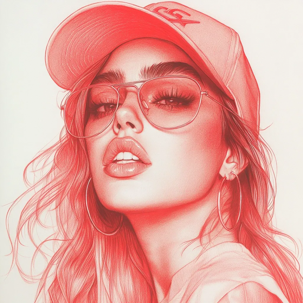 A hyperrealistic colored pencil drawing of a young woman.  She wears a red baseball cap, aviator sunglasses, and large hoop earrings. Her long, wavy hair cascades around her shoulders. The monochromatic red palette creates a striking and stylish effect, highlighting the details of her features and the texture of her hair. The overall impression is one of confident beauty and modern style.